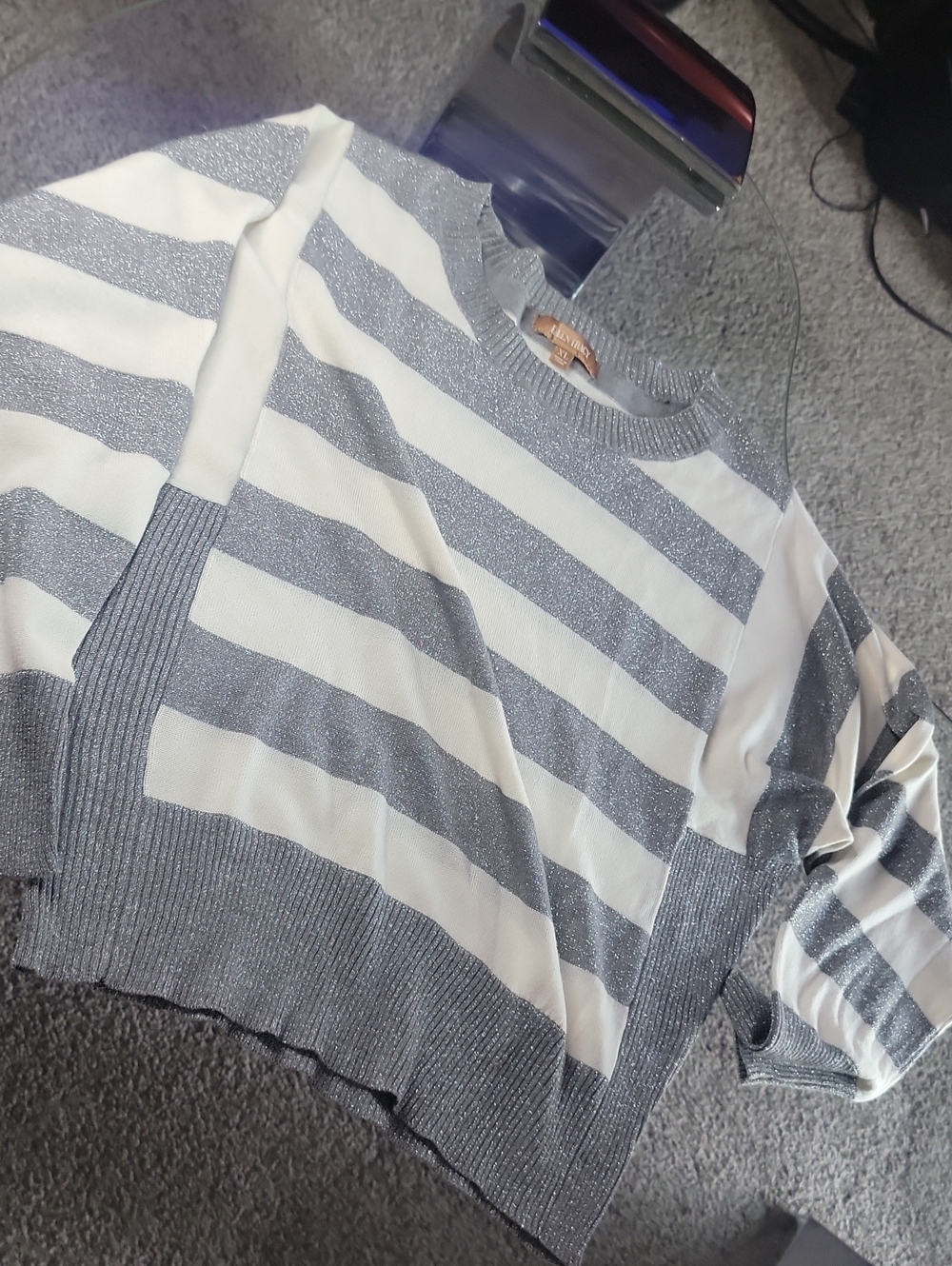 Ellen Tracy White & Silver Striped Metallic Crewneck Sweater